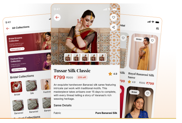 Three Pinit app screens showing collections, a saree product page and related sarees