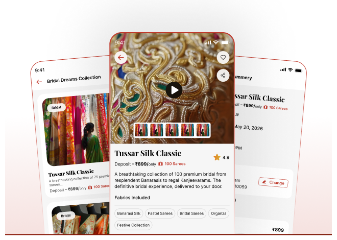 Three Pinit app screens showing a curated suitcase, its saree detail and the booking flow