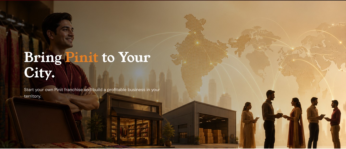 A Pinit franchise representative in front of a warehouse and storefront, with a map of India and business partners shaking hands. Text overlay: Bring Pinit to Your City. Start your own Pinit franchise and build a profitable business in your territory.