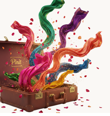 A Pinit suitcase bursting open with colourful flowing sarees