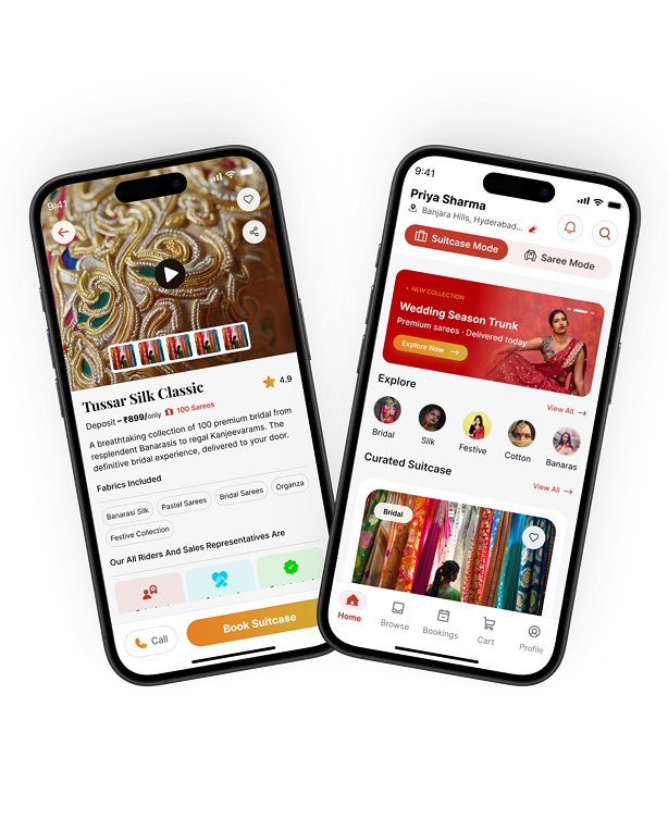The Pinit app showing a saree detail page and the home screen with curated suitcases