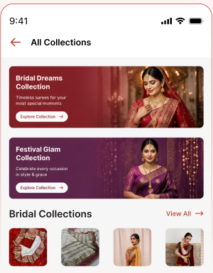 Pinit app All Collections screen listing Bridal Dreams and Festival Glam collections