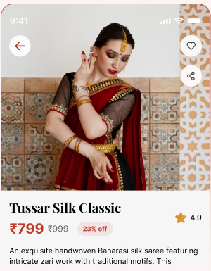 Pinit app saree detail page for a Tussar Silk Classic with price and rating