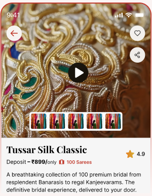 Pinit app playing a close-up video of a Tussar silk saree's zari work