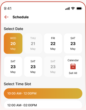 Pinit app schedule screen for choosing a delivery date and time slot
